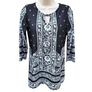 Melissa Paige Blouse Women's Size S Black White Floral Damask Print Career Top